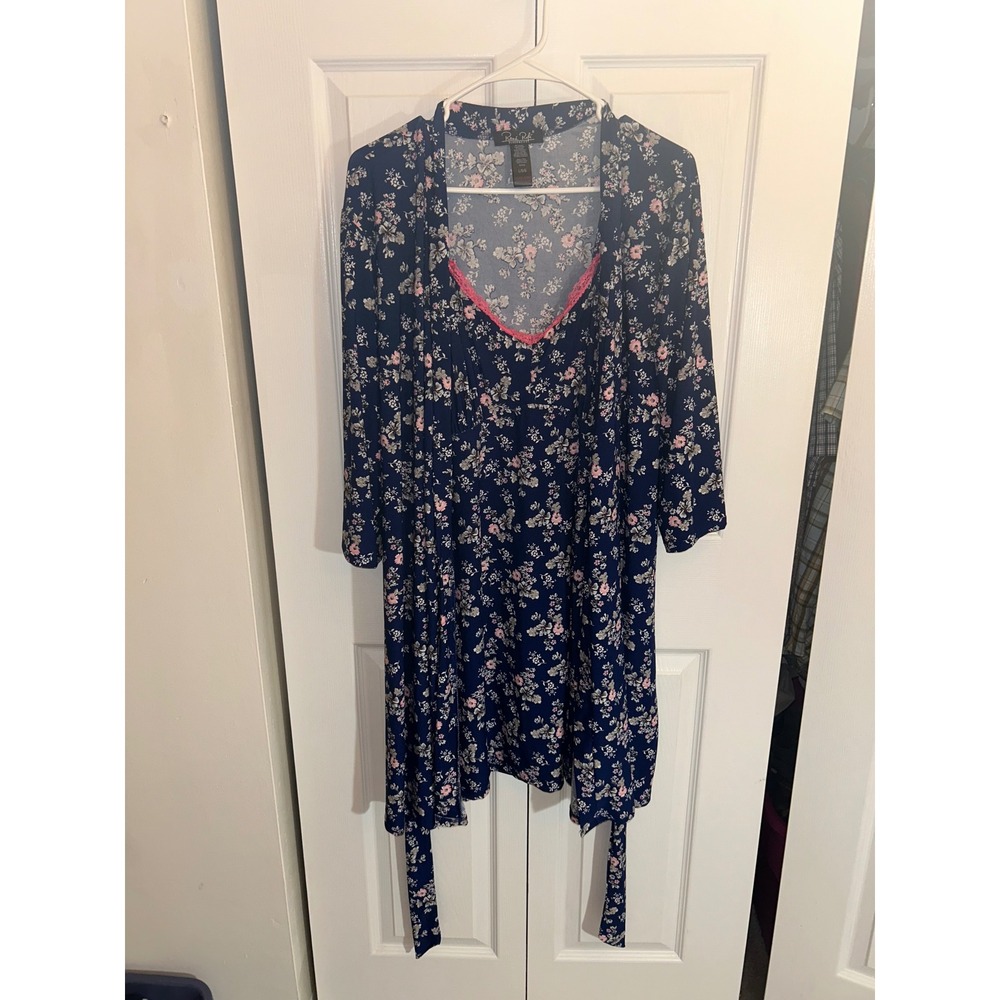 Rene Rofe Sleepwear Navy Floral Chemise and Robe Set Large Pink Lace Trim